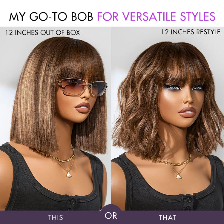 Ash Blonde Highlights Yaki Blunt Cut Bob Wig with Bangs Glueless Minimalist Lace Short Wig Breathable Cap