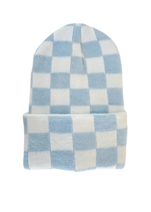 Baby's First Hat - Baby Blue/Warm White Checkerboard