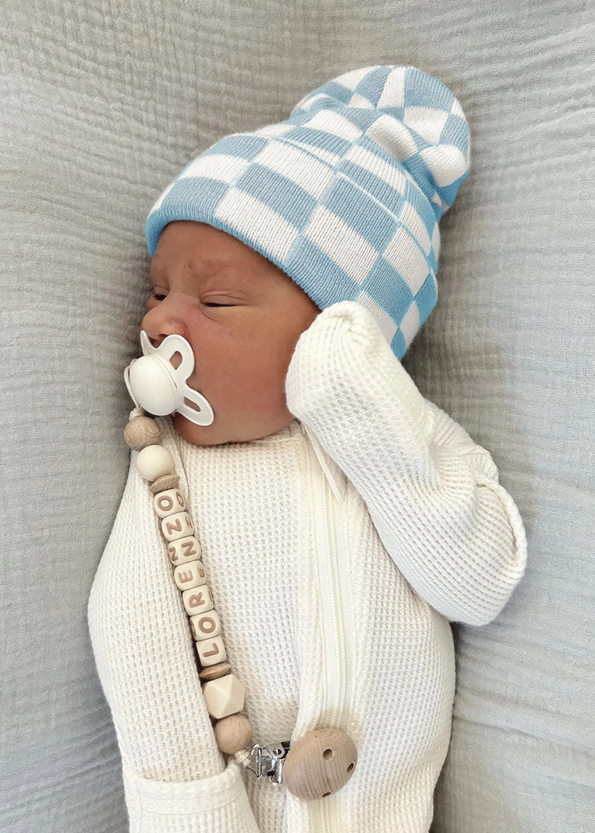 Baby's First Hat - Baby Blue/Warm White Checkerboard