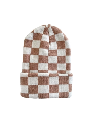 Baby's First Hat - Tan/Warm White Checkerboard