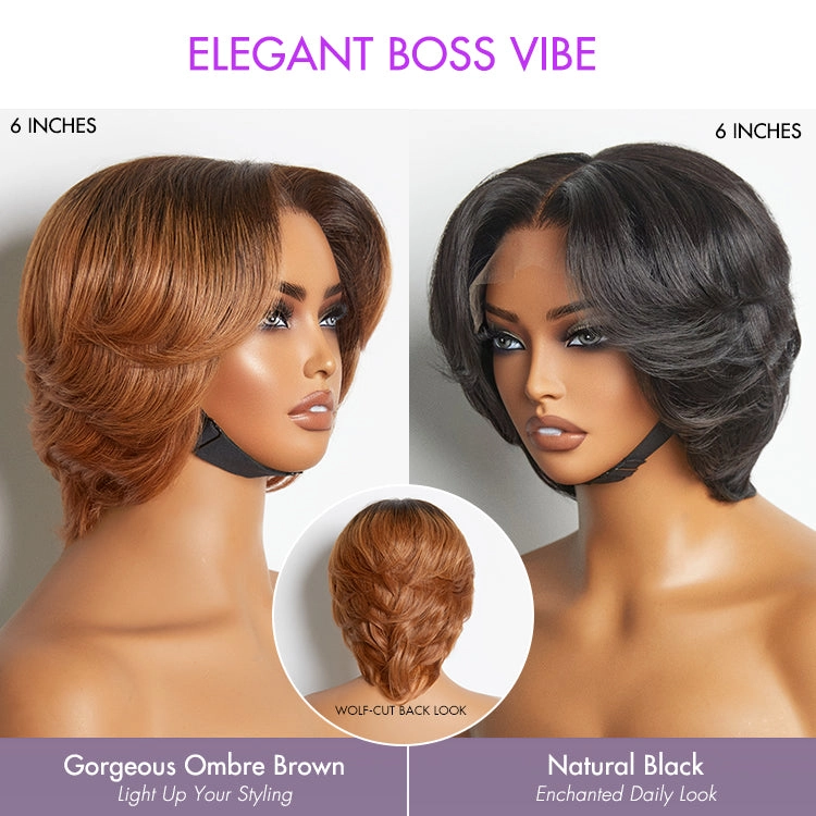 Crazy Wednesday | 1 SEC INSTALL WIG | Elegant Boss Vibe Short Pixie Cut Natural Black / Ombre Brown Glueless Minimalist HD Lace Wig Pre Cut Lace