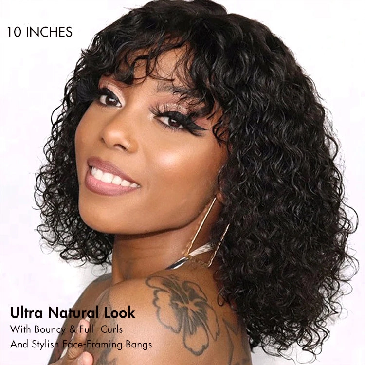 Crazy Wednesday | Beginner Friendly Water Wave Minimalist Lace Glueless Short Curly Wig with Bangs