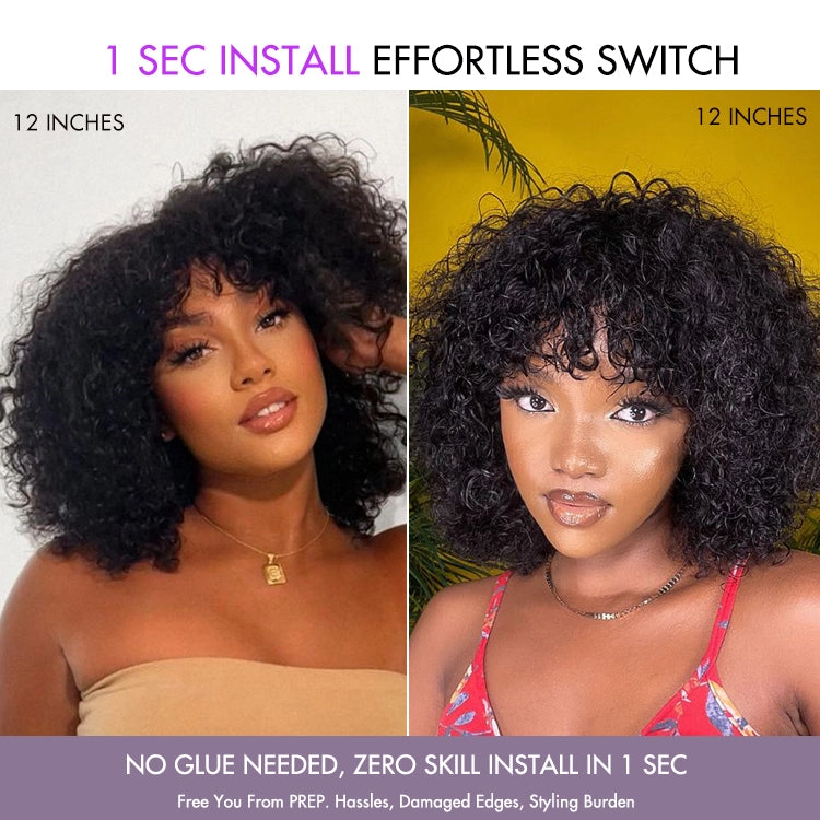 Crazy Wednesday | Beginner Friendly Water Wave Minimalist Lace Glueless Short Curly Wig with Bangs