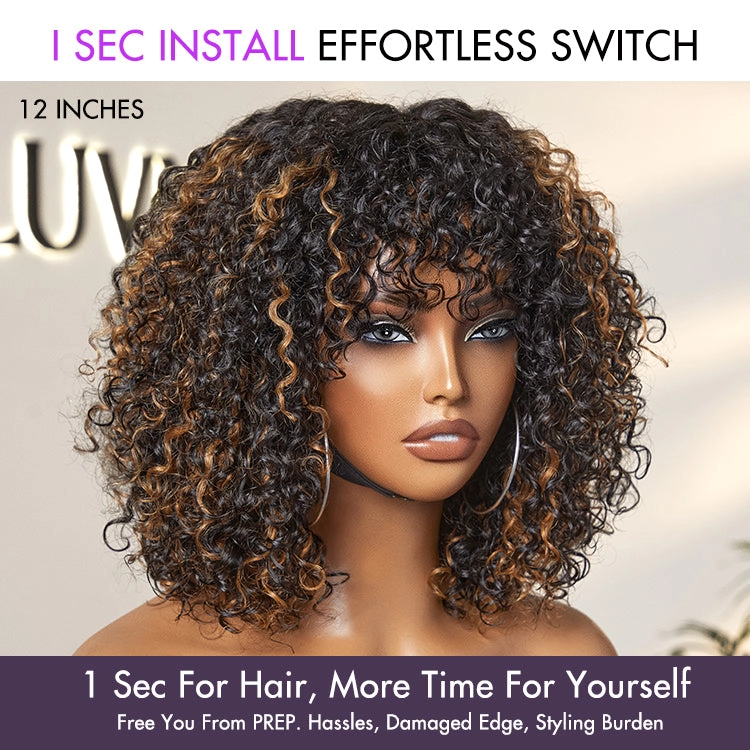 Crazy Wednesday | Beginner Friendly Water Wave Minimalist Lace Glueless Short Curly Wig with Bangs