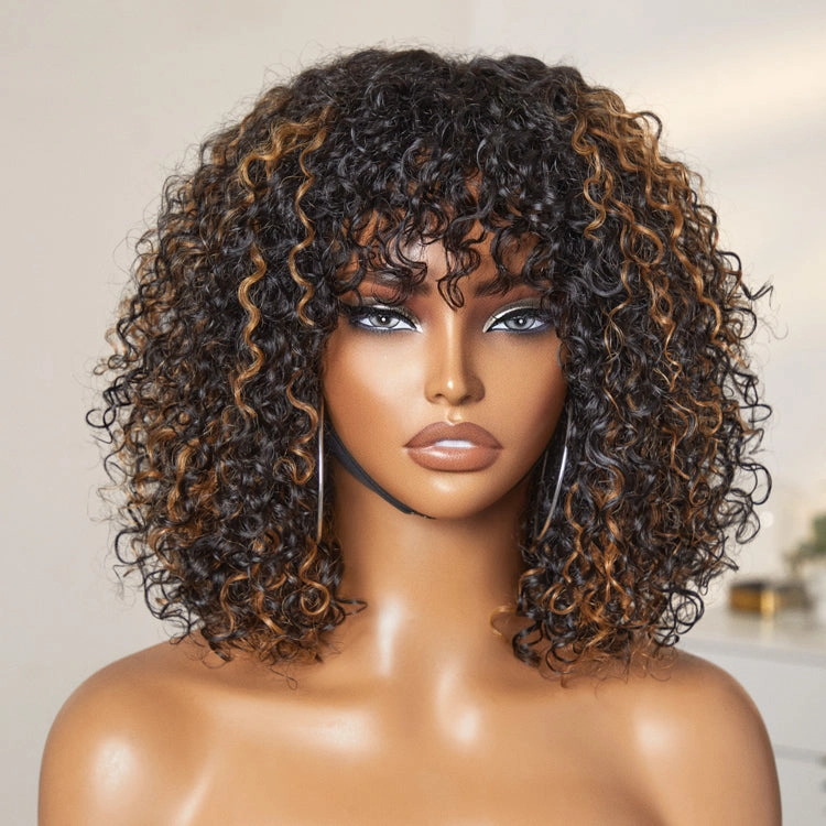 Crazy Wednesday | Beginner Friendly Water Wave Minimalist Lace Glueless Short Curly Wig with Bangs