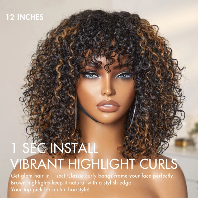 Crazy Wednesday | Beginner Friendly Water Wave Minimalist Lace Glueless Short Curly Wig with Bangs