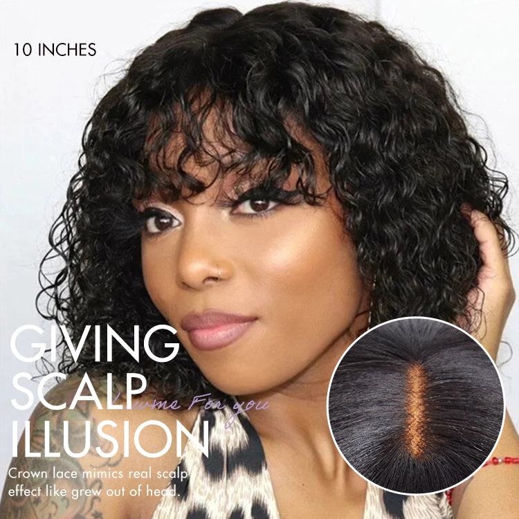 Crazy Wednesday | Beginner Friendly Water Wave Minimalist Lace Glueless Short Curly Wig with Bangs