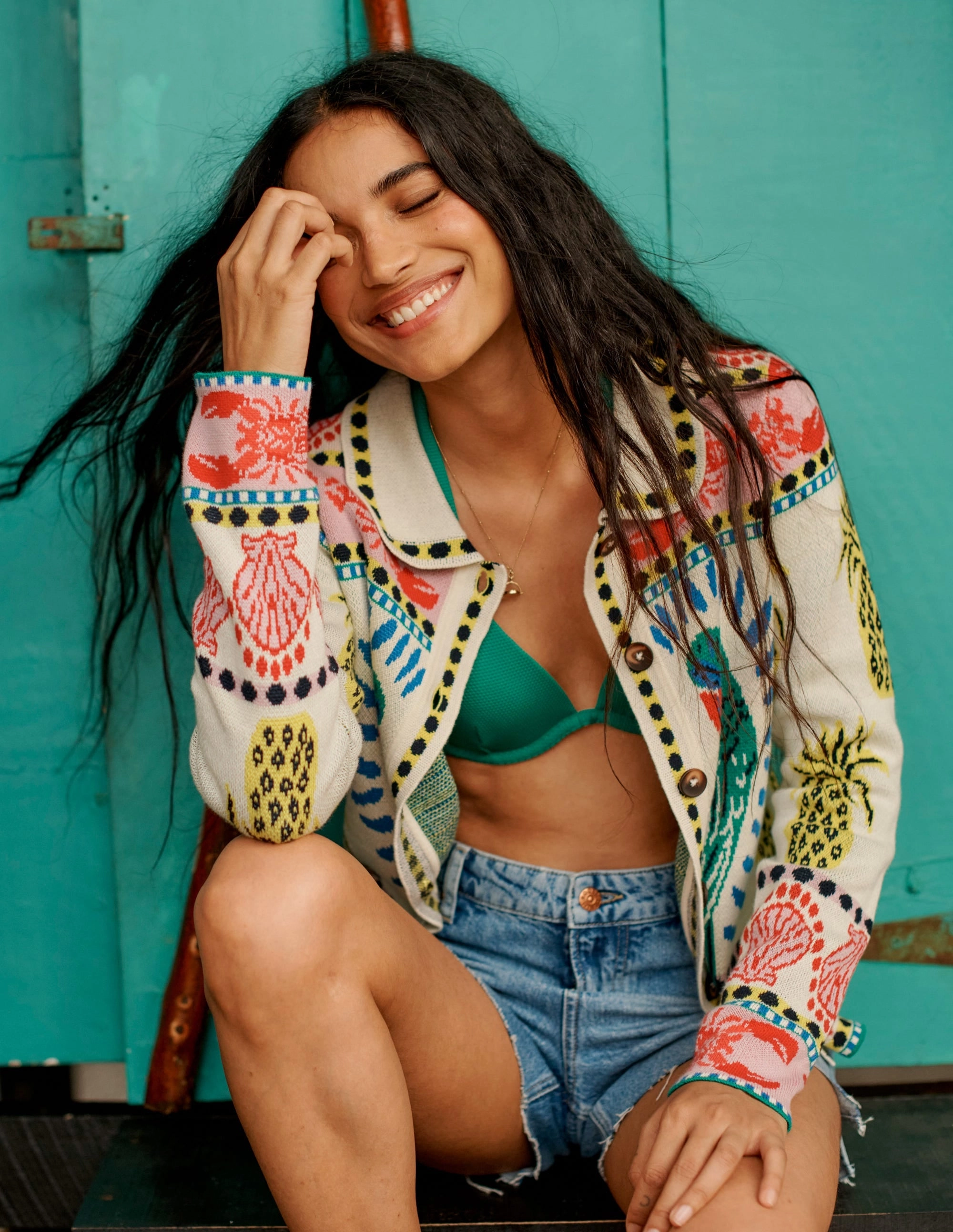 Jacquard Knitted Shacket-Warm Ivory. Tropical Bonanza