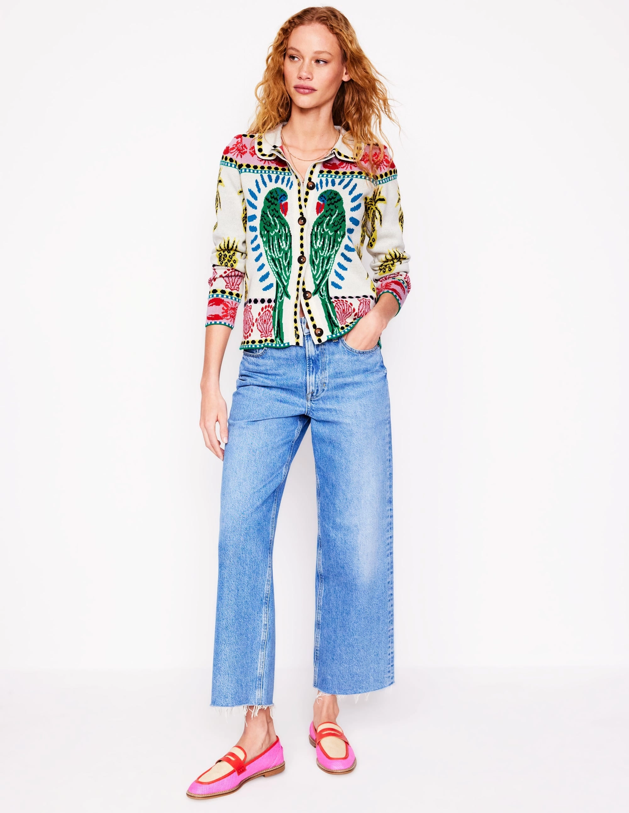 Jacquard Knitted Shacket-Warm Ivory. Tropical Bonanza