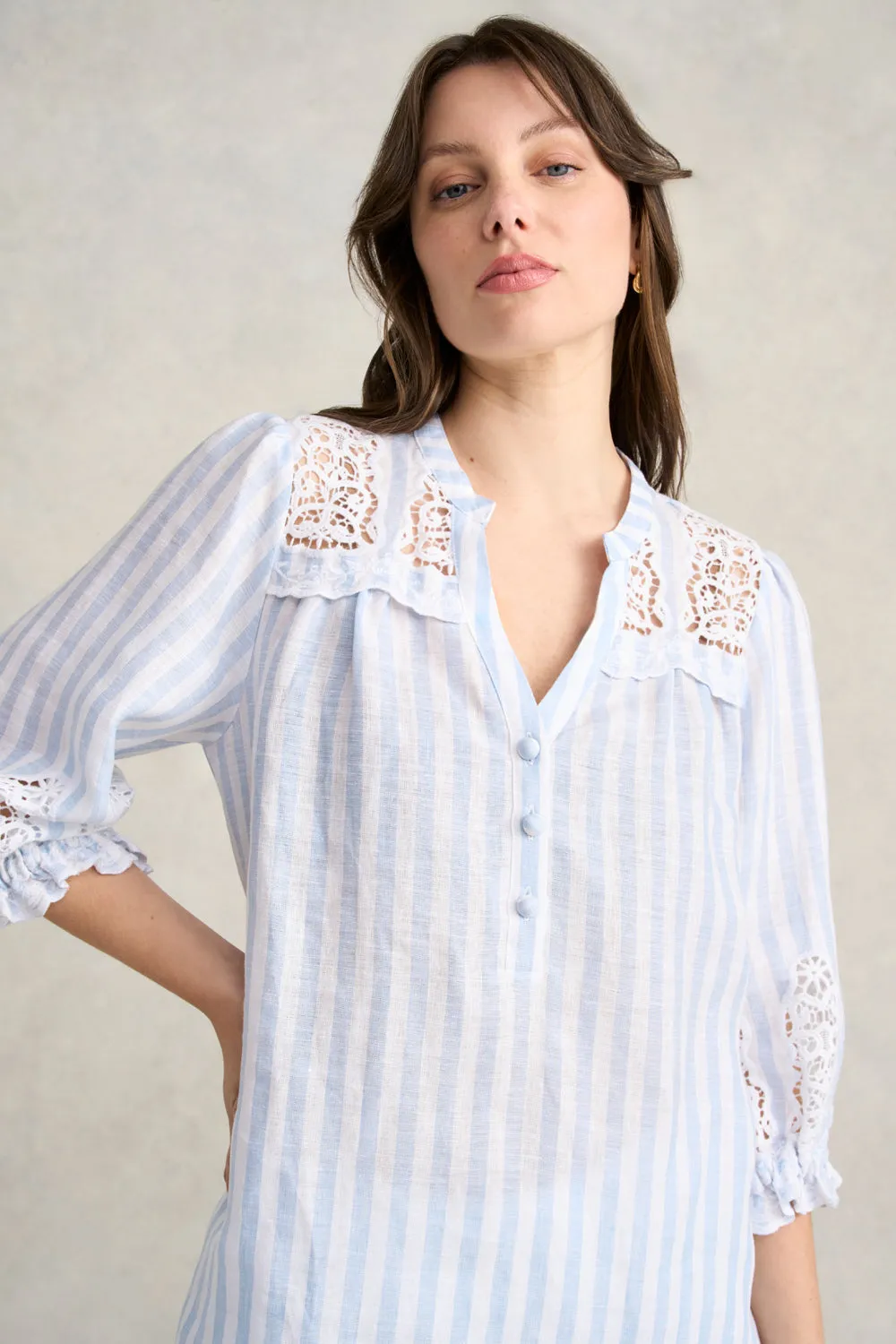 Lace Embroidered French Linen Top - Blue & White Stripe