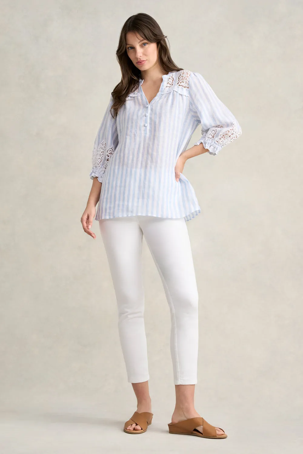 Lace Embroidered French Linen Top - Blue & White Stripe