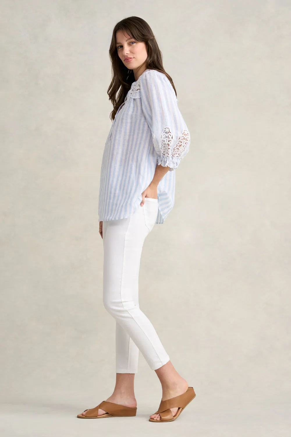Lace Embroidered French Linen Top - Blue & White Stripe