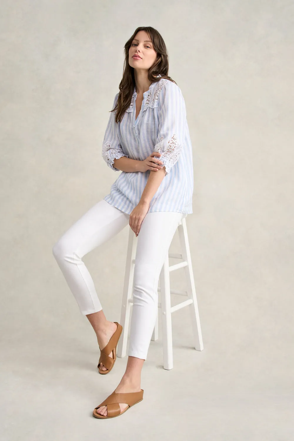 Lace Embroidered French Linen Top - Blue & White Stripe