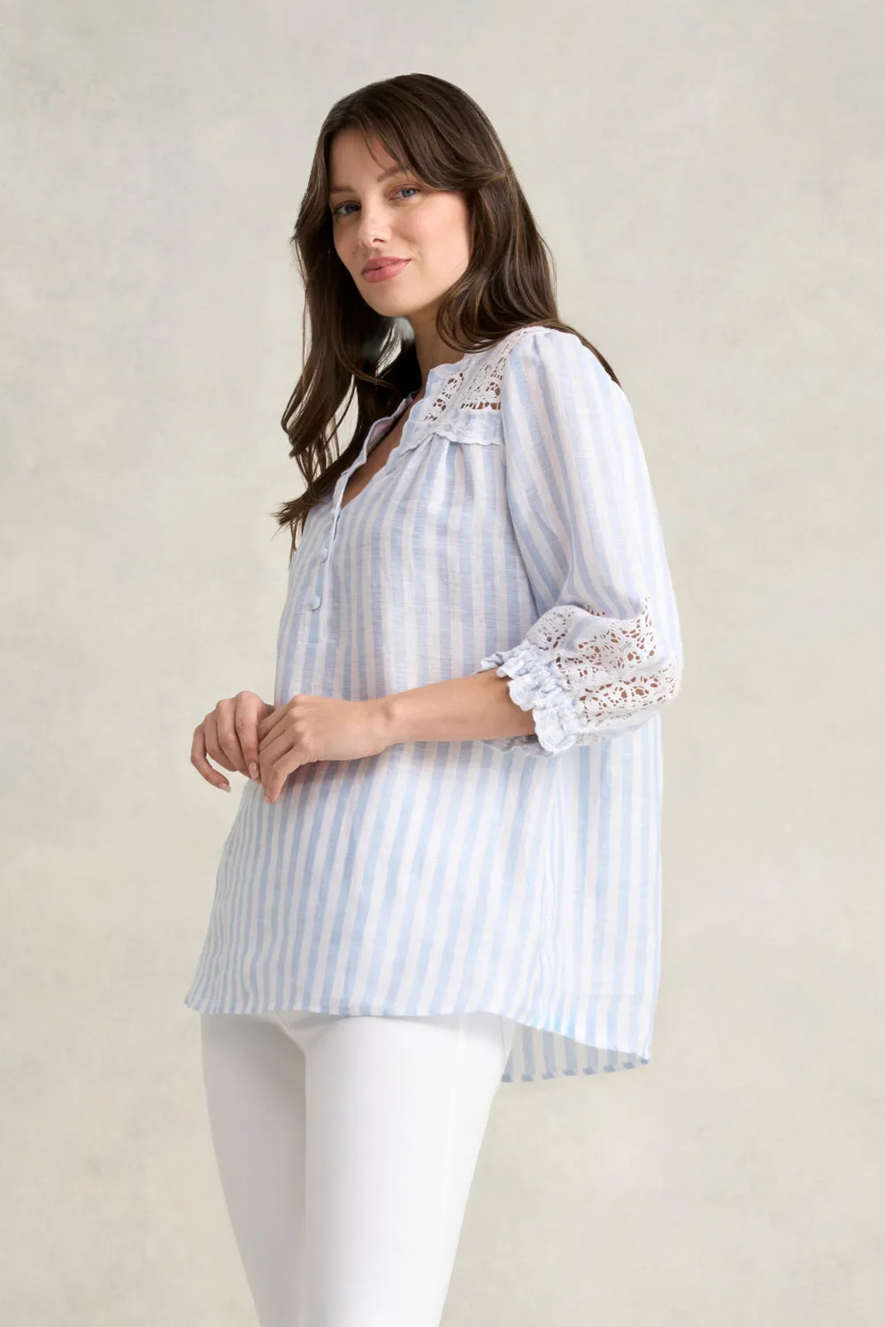 Lace Embroidered French Linen Top - Blue & White Stripe