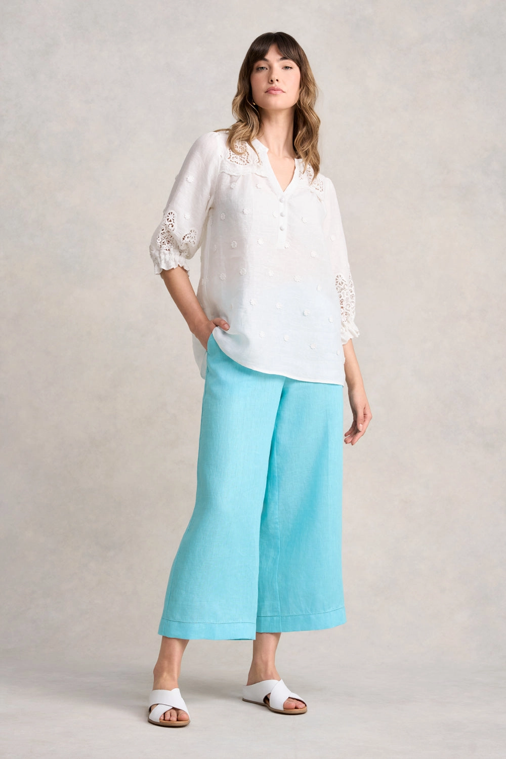 Lace Embroidered Linen Top - White