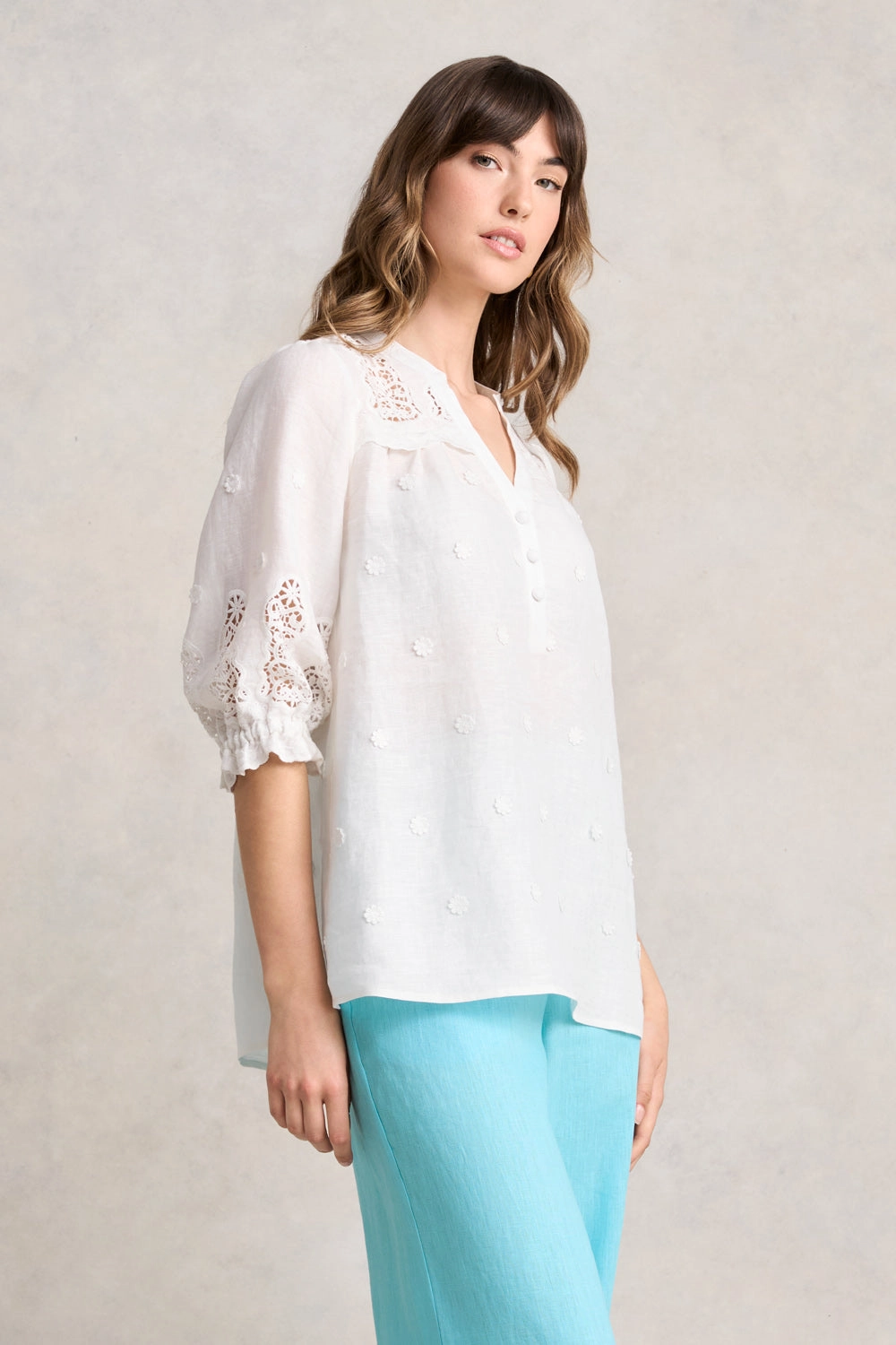 Lace Embroidered Linen Top - White