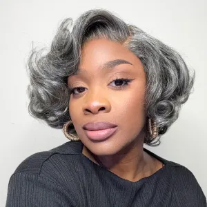 Mature Boss Salt and Pepper Bouncy Egg Curls Glueless Minimalist HD Lace Grey Wig