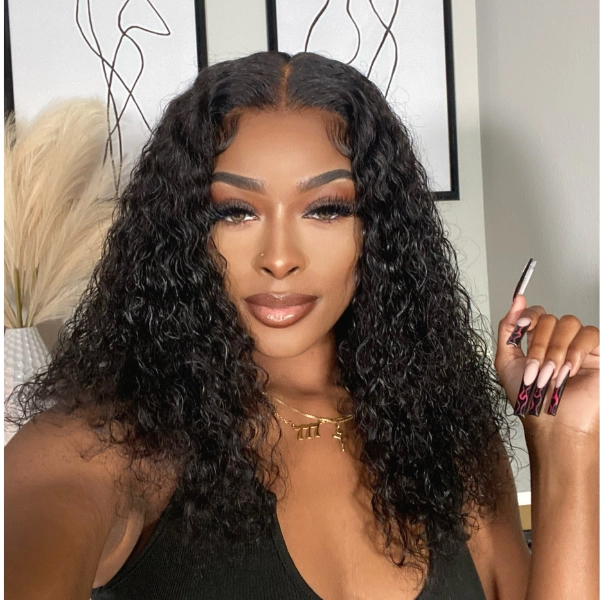 Natural Black Deep Wave / Loose Wave Minimalist HD Lace Short Wig 100% Human Hair- US Only