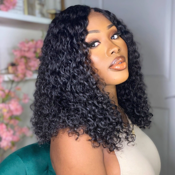 Natural Black Deep Wave / Loose Wave Minimalist HD Lace Short Wig 100% Human Hair- US Only