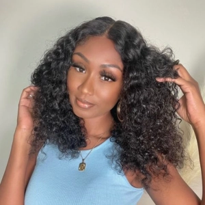 Natural Black Deep Wave / Loose Wave Minimalist HD Lace Short Wig 100% Human Hair- US Only