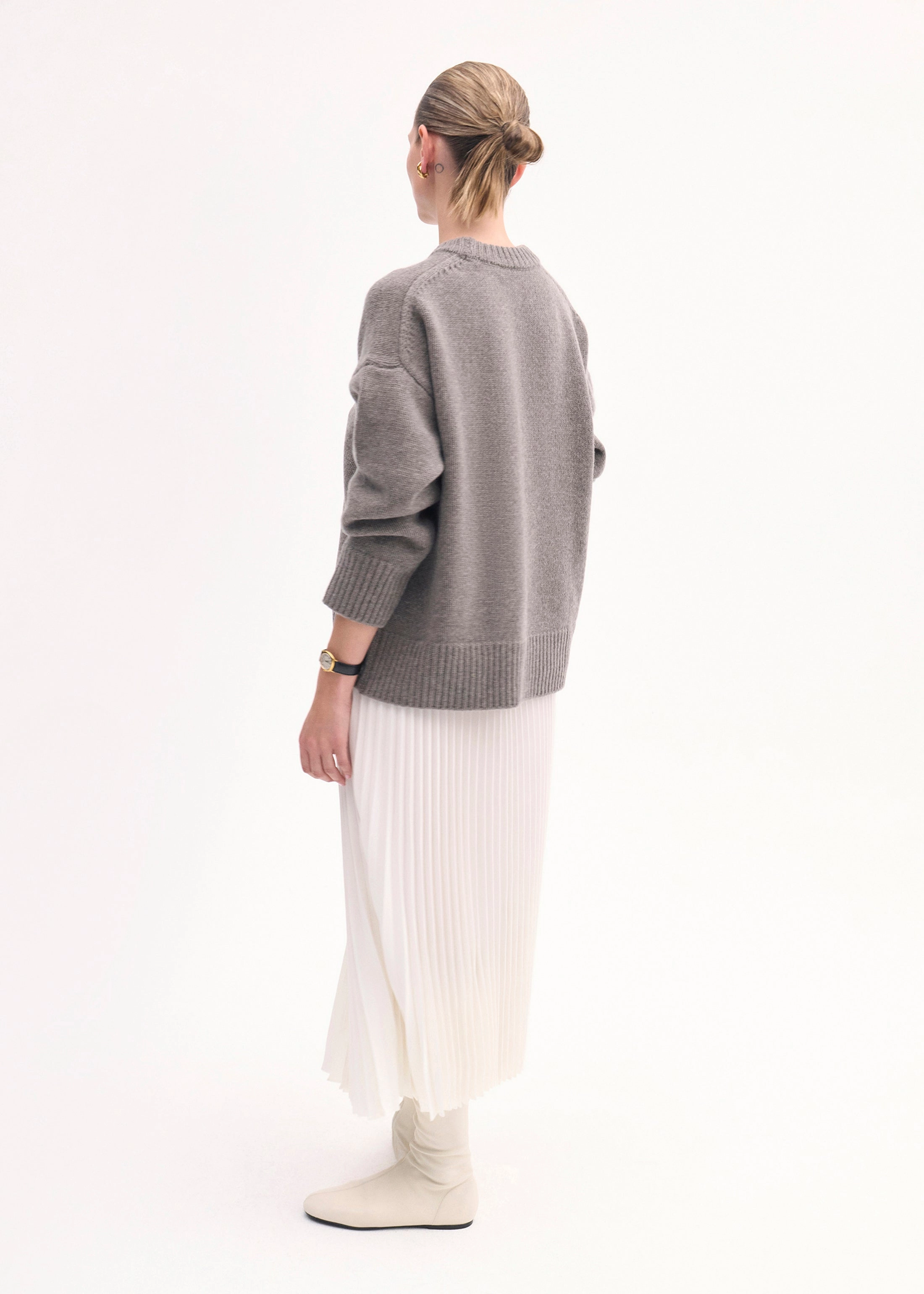 Pleated Elastic Waist Skirt in Stretch Crepe - Ivory
