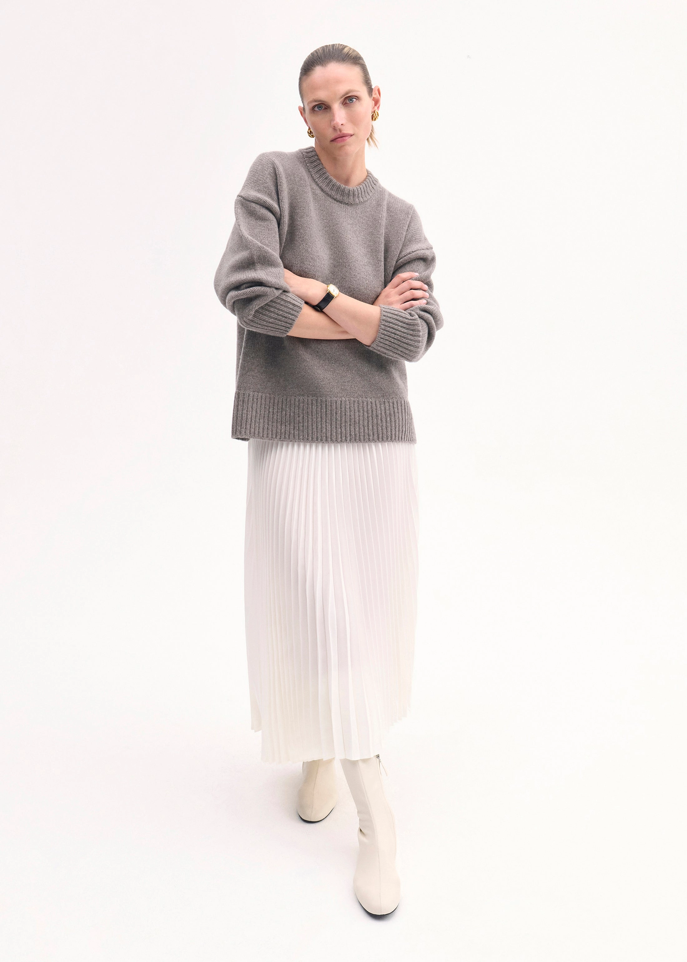 Pleated Elastic Waist Skirt in Stretch Crepe - Ivory