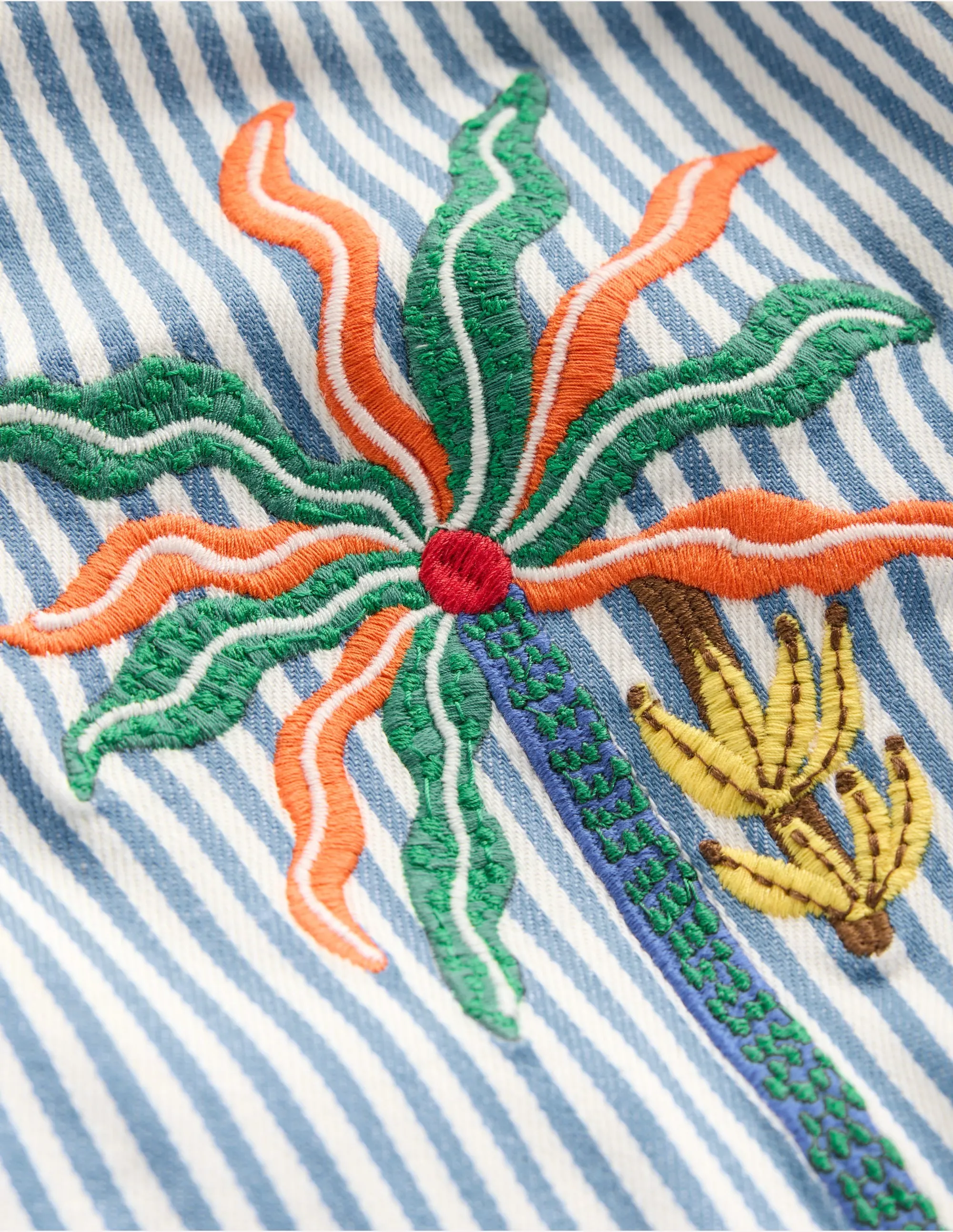 Pull-On Cotton Shorts-Campanula Ticking Embroidery