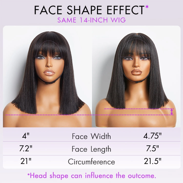 Put On and Go Brown Highlight Yaki Bob with Bangs Glueless Minimalist Lace Wig Breathable Cap