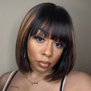 Put On and Go Reddish Purple / Ash Blonde Highlight / Brown Highlight / Natural Black Layered Cut Yaki Straight Minimalist Lace Bob Wig