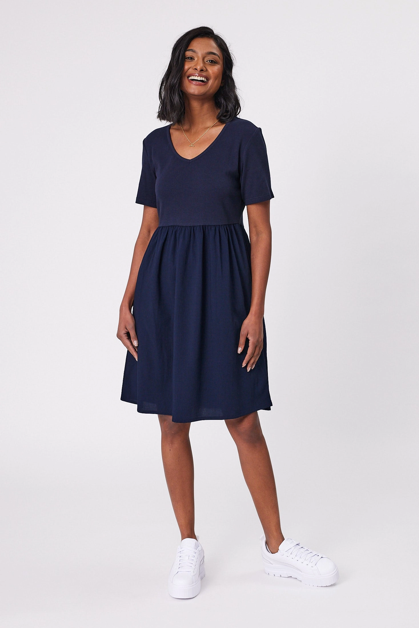 Shine On Label Amara Rib Bodice Dress Navy
