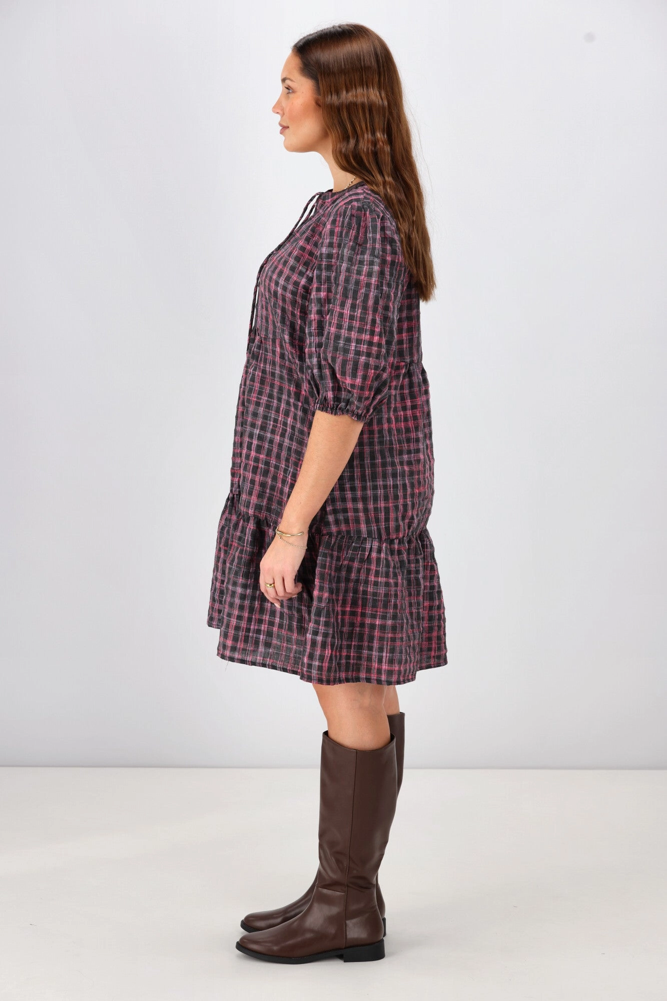 Shine On Label Evangeline Puff Sleeve Dress Black Check