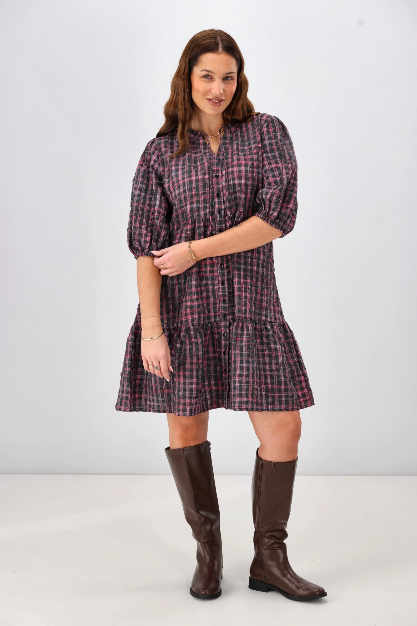 Shine On Label Evangeline Puff Sleeve Dress Black Check