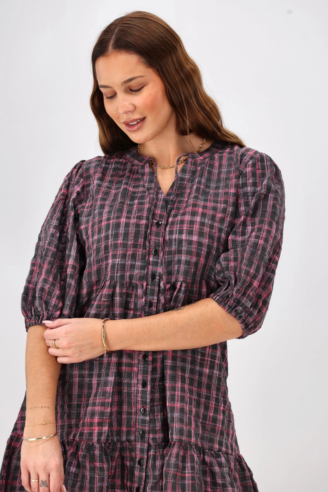 Shine On Label Evangeline Puff Sleeve Dress Black Check