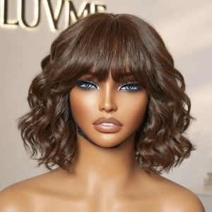 Special Deal | Beginner Friendly Brown Loose Wave Glueless Minimalist Lace Shoulder Length Wavy Bob Wig with Bangs