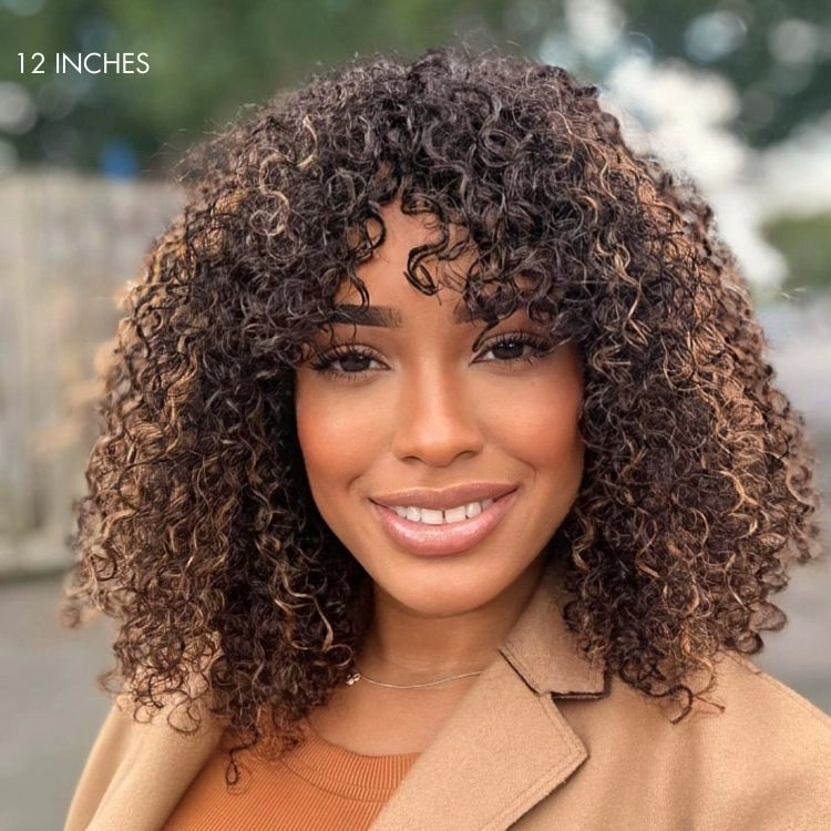 Weekly Special | 1 SEC INSTALL WIG Brown Highlight Water Wave Natural Scalp Glueless Minimalist Lace Short Curly Wig with Bangs