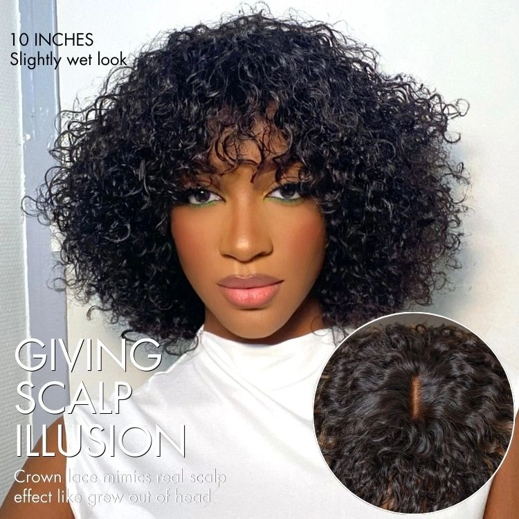 Weekly Special | 1 SEC INSTALL WIG Brown Highlight Water Wave Natural Scalp Glueless Minimalist Lace Short Curly Wig with Bangs