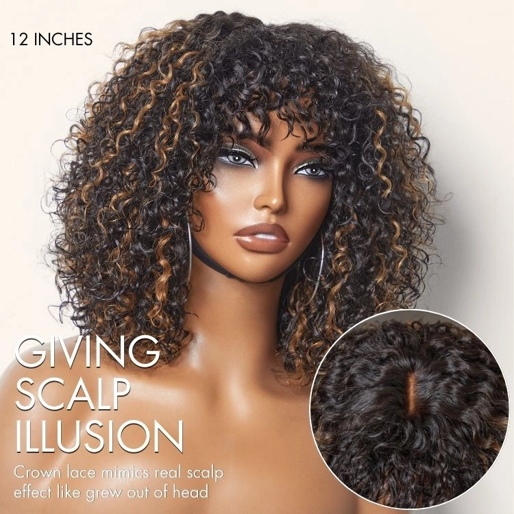 Weekly Special | 1 SEC INSTALL WIG Brown Highlight Water Wave Natural Scalp Glueless Minimalist Lace Short Curly Wig with Bangs