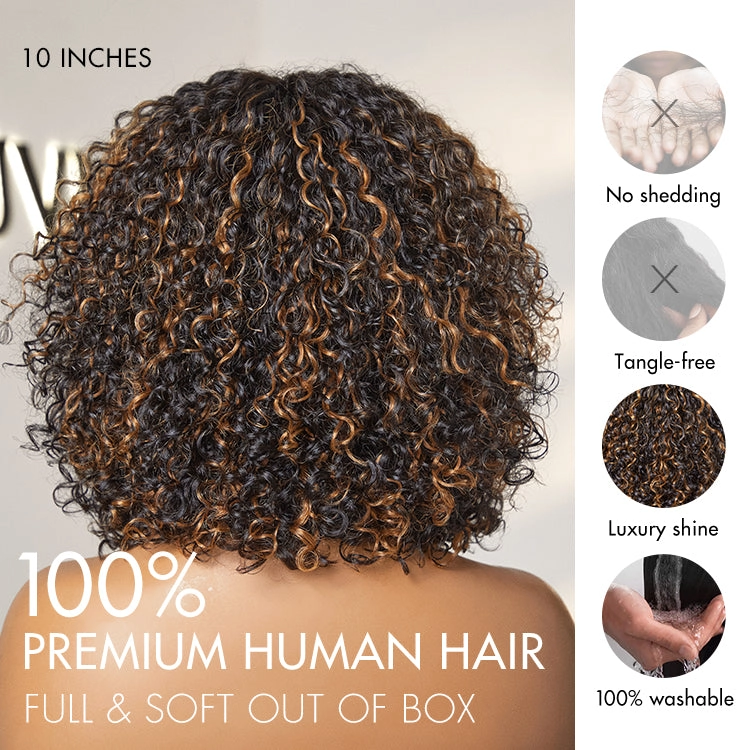 Weekly Special | 1 SEC INSTALL WIG Brown Highlight Water Wave Natural Scalp Glueless Minimalist Lace Short Curly Wig with Bangs