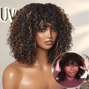 Weekly Special | 1 SEC INSTALL WIG Brown Highlight Water Wave Natural Scalp Glueless Minimalist Lace Short Curly Wig with Bangs