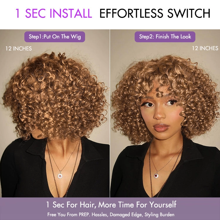 Weekly Special | Lightweight Sun-kissed Vibe Blonde Short Cut Water Wave Glueless Minimalist Lace Curly Wig with Bangs