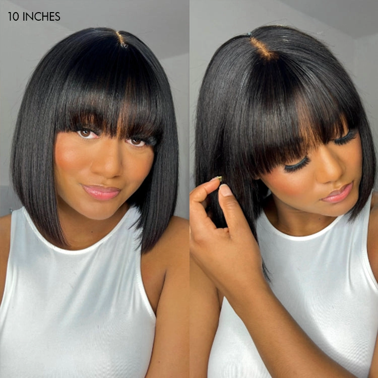Weekly Special | Put On and Go Realistic Glueless Yaki Straight Bob with Bangs Minimalist Lace Wig 100% Human Hair