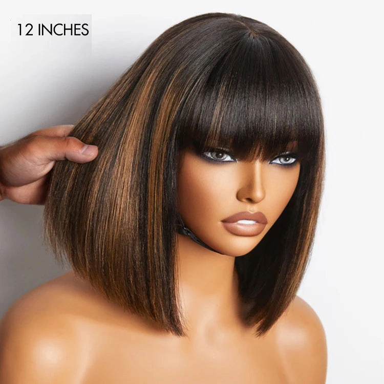 Weekly Special | Put On and Go Realistic Glueless Yaki Straight Bob with Bangs Minimalist Lace Wig 100% Human Hair